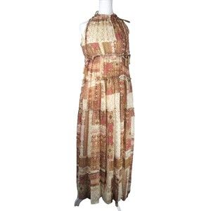 Taylor Brown Gold Thread Maxi Halter Dress 8 Lined Tassels Polyester NWT R130